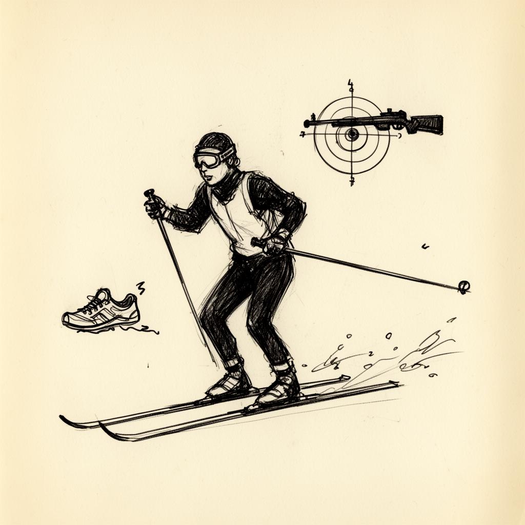 Hand-drawn sketch of a cross-country skier and biathlon target