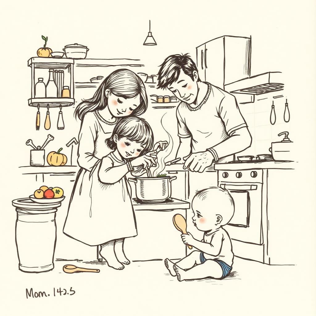 Hand-drawn sketch of friends cooking together in a kitchen