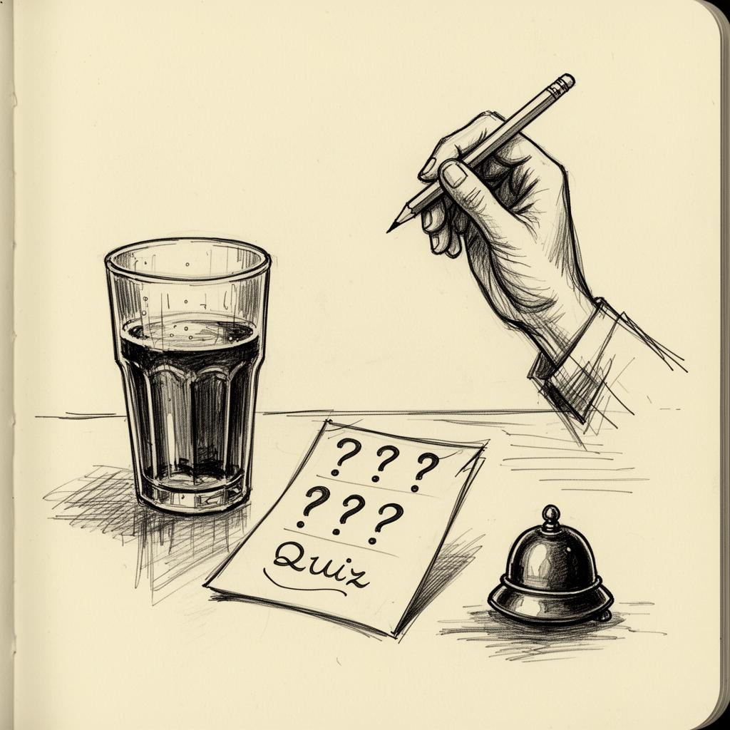 Hand-drawn sketch of a pub quiz scene with pint and quiz card
