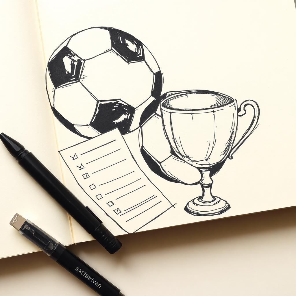 Hand-drawn sketch of a football, betting slip and trophy